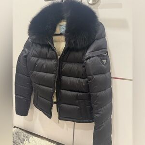 Prada Black Puffer Jacket with Fur Trim